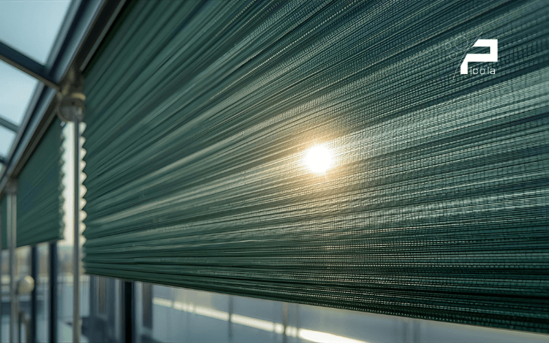 Sistema de cortinas plisadas para cristales inclinados en terraza con control solar