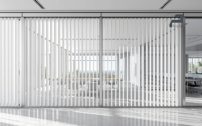 Cortinas lamas verticales motorizadas en oficina con ventanal grande