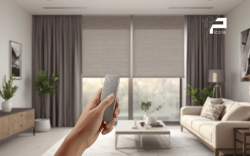 Cortinas motorizadas instaladas en salon moderno con control remoto
